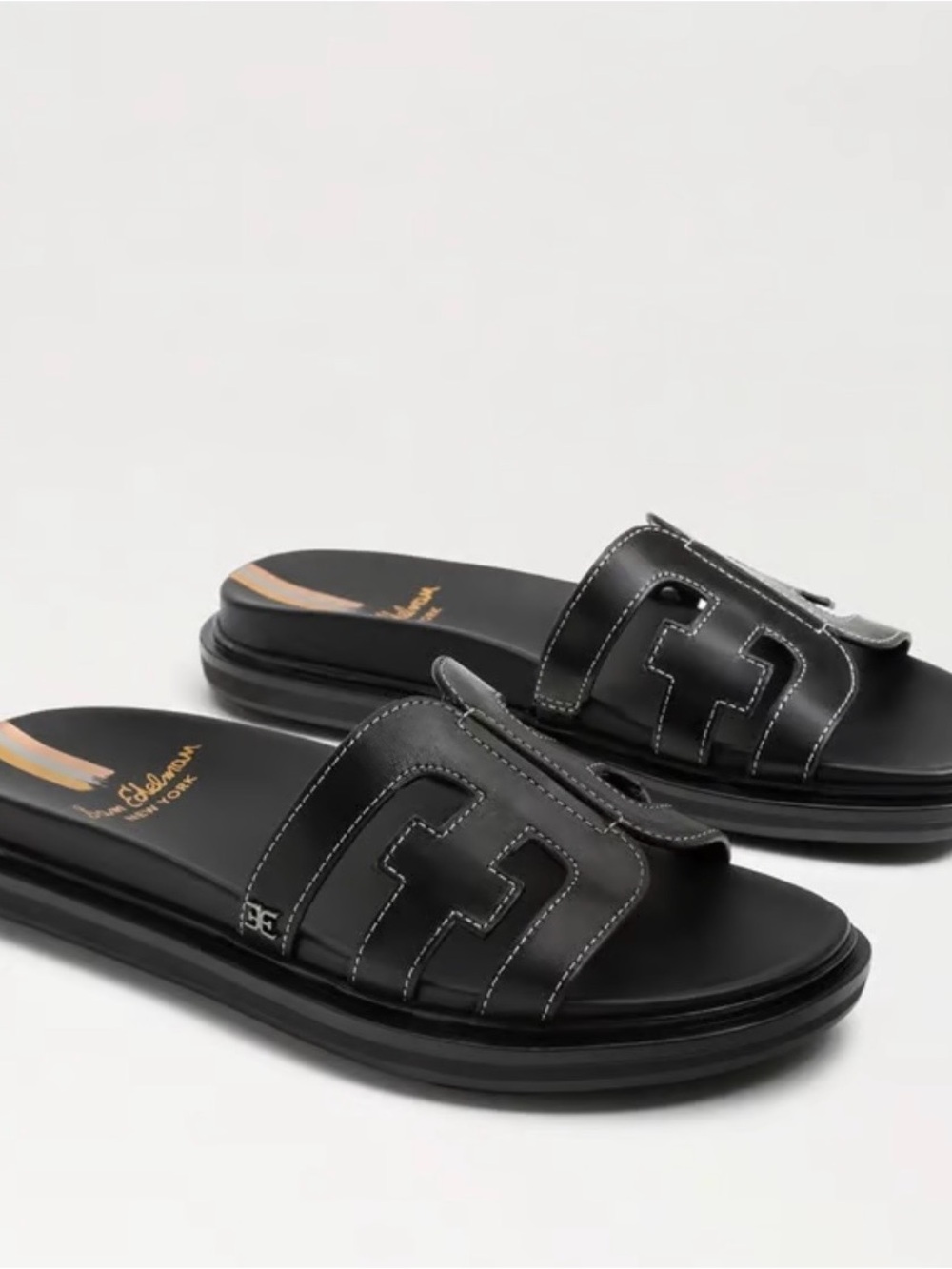 SAM EDELMAN Black Leather VALERI Logo slide Sandals with Cushioned Footbed - Picture 1 of 6